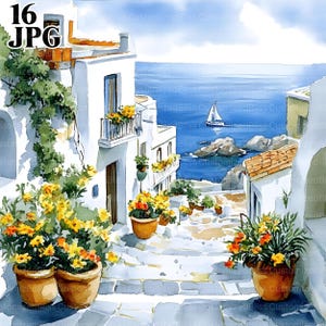 16 Clipart floral village grec, scène méditerranéenne, paysage grec, clipart aquarelle, Junk Journal, téléchargement numérique, créations en papier, JPG