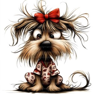 Pu&ograve; includere: Un'illustrazione di un cartone animato di un cane marrone e bianco che indossa un pigiama a righe rosse e bianche e un fiocco rosso. Il cane ha un'espressione sorpresa ed &egrave; seduto con la coda arrotolata dietro di lui.