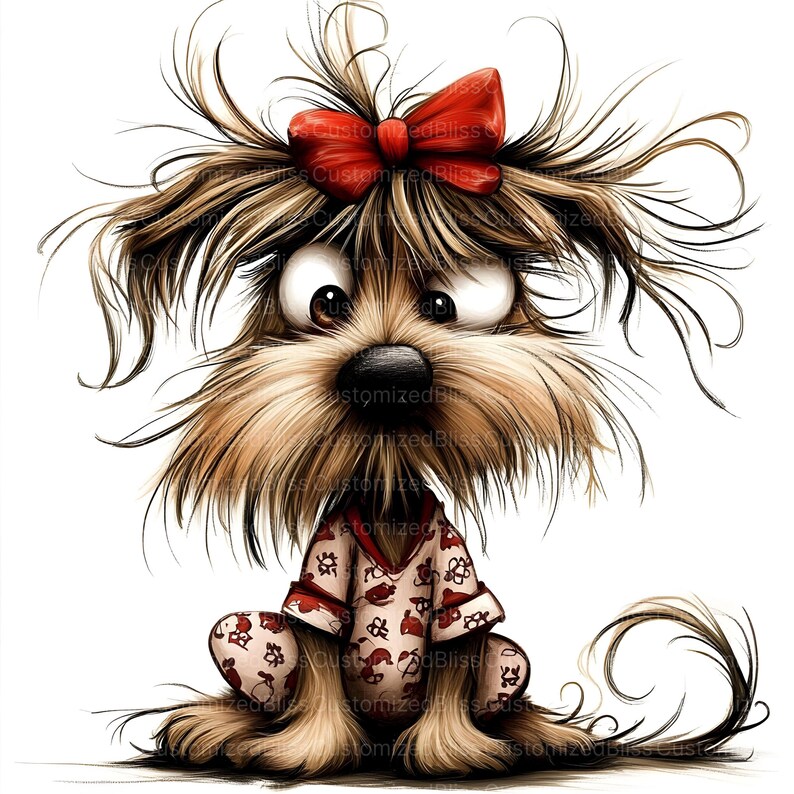 Pu&ograve; includere: Un'illustrazione di un cartone animato di un cane marrone e bianco che indossa un pigiama a righe rosse e bianche e un fiocco rosso. Il cane ha un'espressione sorpresa ed &egrave; seduto con la coda arrotolata dietro di lui.