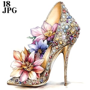 18 Floral High Heels Clipart, High Fashion Clipart, High Quality JPGs, Watercolor Clipart, Junk Journal, Digital Download, Paper Craft