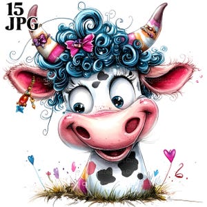 15 Funny Cow Clipart, Cartoon Cow Clipart, Funny Cow, Farm Animal Clipart, High Quality JPGs, Watercolor, Junk Journal, Digital Download