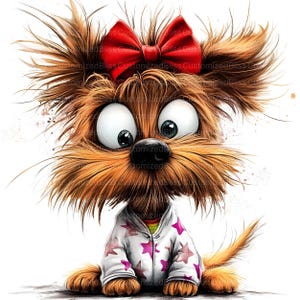 Pu&ograve; includere: Un'illustrazione di un cartone animato di un cane marrone e bianco con un fiocco rosso, che indossa un pigiama bianco e rosa con stelle bianche. Il cane ha grandi occhi rotondi e un'espressione sorpresa.