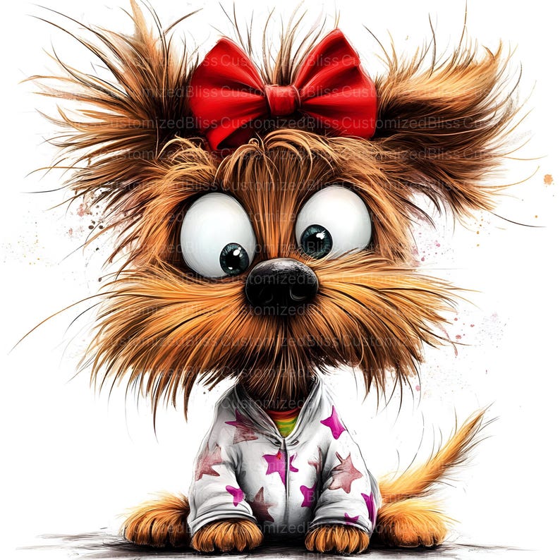 Pu&ograve; includere: Un'illustrazione di un cartone animato di un cane marrone e bianco con un fiocco rosso, che indossa un pigiama bianco e rosa con stelle bianche. Il cane ha grandi occhi rotondi e un'espressione sorpresa.