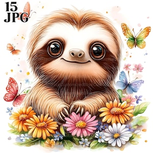 Puede incluir: Un lindo perezoso de dibujos animados con pelaje marrón está sentado en un campo de flores coloridas. El perezoso tiene grandes ojos marrones y una expresión feliz. Hay mariposas volando alrededor del perezoso.