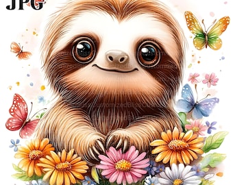 15 Sloth Clipart Bundle, Cute Sloth Clipart, Sloth Nursery Decor, Digital Sloth Design, Printable Sloth, Sloth Illustration High Quality JPG