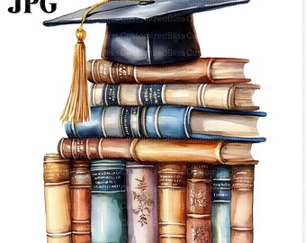 20 Graduation Hat on Books Clipart, Graduation Hat Print, High Quality JPGs, Watercolor Clipart, Junk Journal, Digital Download, Paper Craft