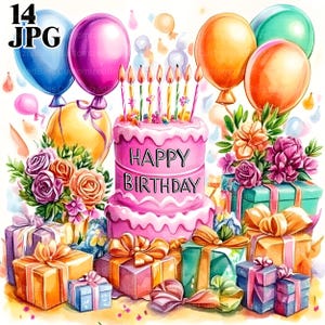 14 gelukkige verjaardag clipart, kaarten maken, feestdecoraties, hoge kwaliteit JPG, aquarel clipart, junk Journal, digitale download, Paper Craft