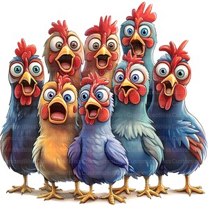 May include: A group of cartoon chickens with exaggerated expressions. The chickens have vibrant colors, including blue, yellow, and red. They appear to be surprised or excited, with open beaks and wide eyes. The image has a whimsical and playful style.