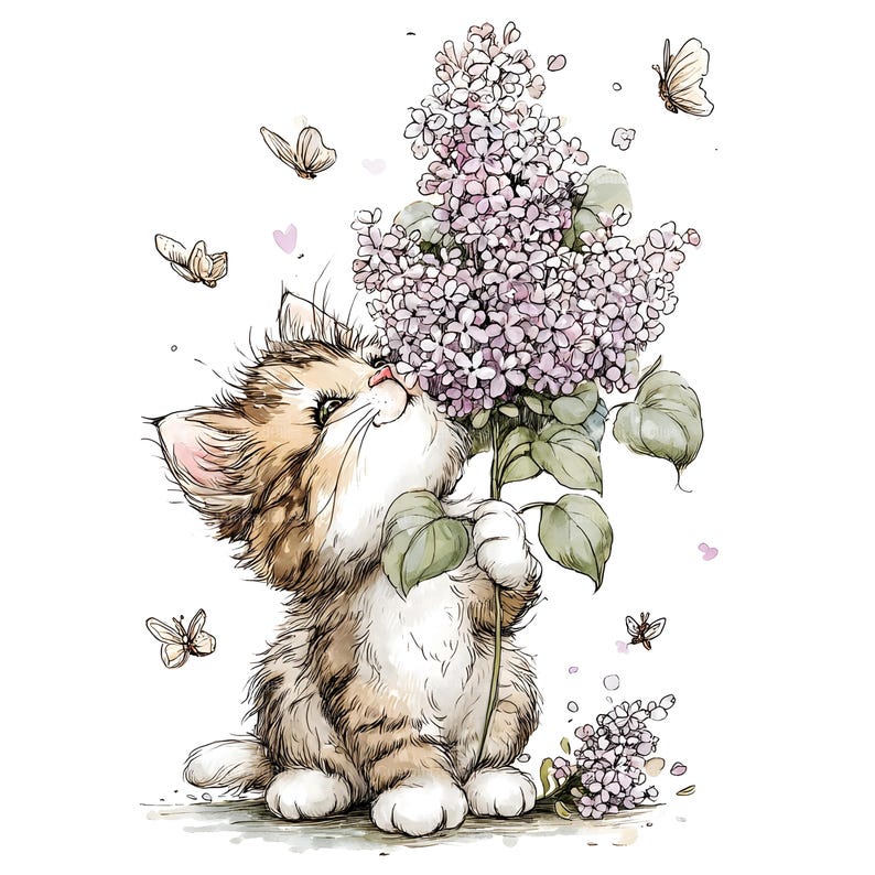 35 Floral Cat Clipart, Cute Kitten With Flowers Clipart, Cartoon Kitten ...