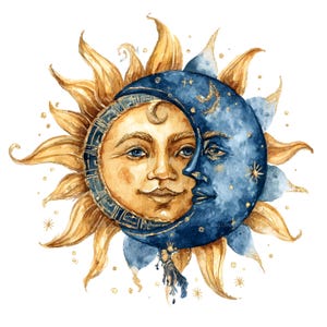 May include: Watercolor illustration of the sun and moon embracing. The sun is golden with a smiling face, and the moon is blue with stars. The artwork has a celestial theme with a bohemian style.