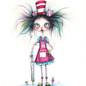 May include: A whimsical illustration of a girl with colorful hair wearing a red and white striped hat and a pink dress. She is holding a large syringe and has a stitched-up arm. The image is done in a cartoon style with a white background.