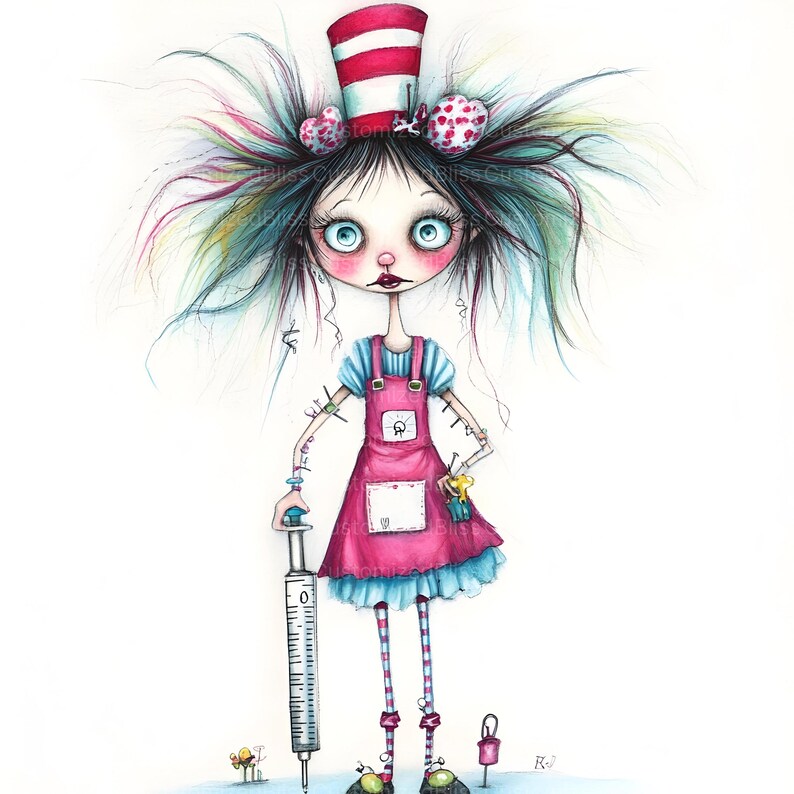 May include: A whimsical illustration of a girl with colorful hair wearing a red and white striped hat and a pink dress. She is holding a large syringe and has a stitched-up arm. The image is done in a cartoon style with a white background.