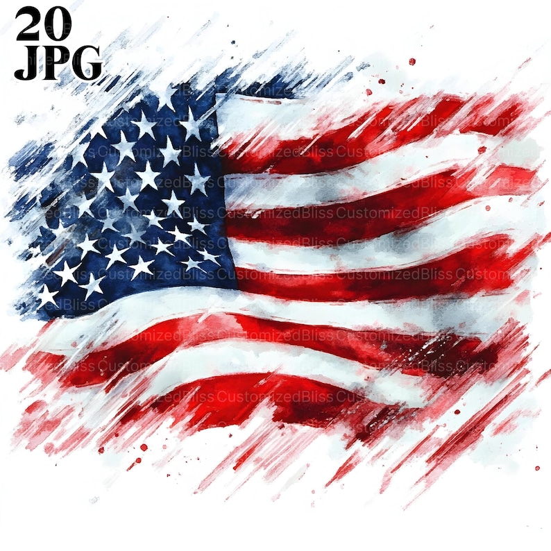 Op de afbeelding: Waterverf schilderij van de Amerikaanse vlag op een witte achtergrond. De vlag is op een gestileerde manier geschilderd met rode en blauwe penseelstreken. De vlag wappert in de wind.