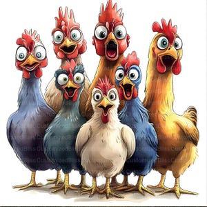 May include: A group of seven cartoon chickens with exaggerated expressions. The chickens have various colors, including blue, brown, white, and yellow, with red combs and open beaks. The image has a white background.