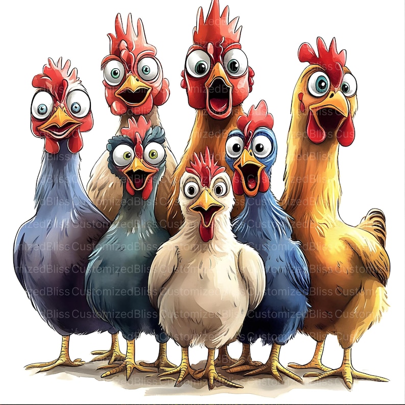 May include: A group of seven cartoon chickens with exaggerated expressions. The chickens have various colors, including blue, brown, white, and yellow, with red combs and open beaks. The image has a white background.