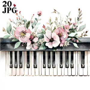 20 cliparts piano vintage rustique, clavier de piano, fleurs, clipart aquarelle, fichiers JPG de haute qualité, téléchargement numérique, créations en papier, journal indésirable