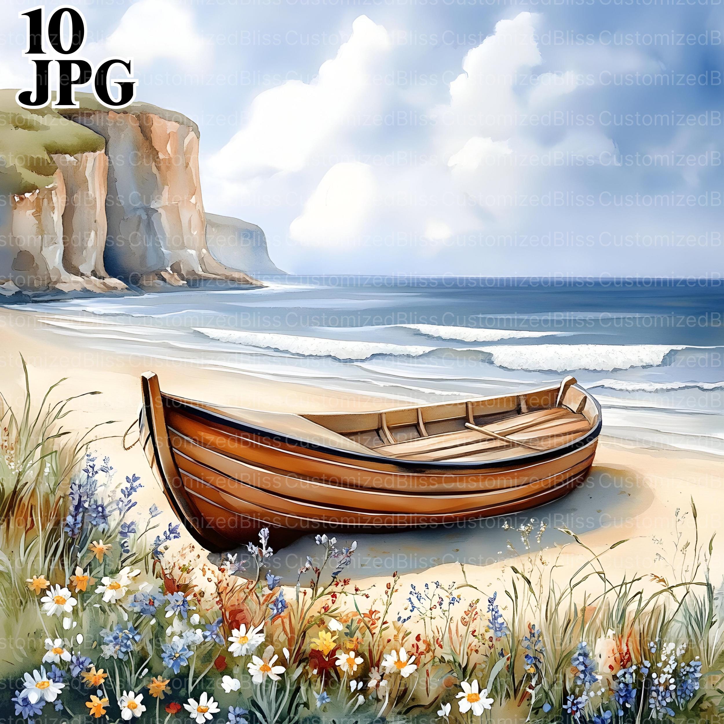 10 Beach Clipart, Wooden Boat Clipart, Wildflower Clipart, High Quality JPG, Watercolor Clipart, Junk Journal, Digital Download, Paper Craft