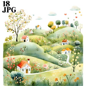 18 Spring Garden Clipart, Spring Clipart, Spring Landscape, Aquarela Clipart, JPG de alta qualidade, Download digital, Paper Craft Junk Journal