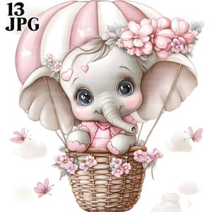 13 Geburtstag Elefant Clipart, Heißluftballon Clipart, Einladung Party Babyparty, Kartenherstellung, hochwertige JPGs, digitaler Download