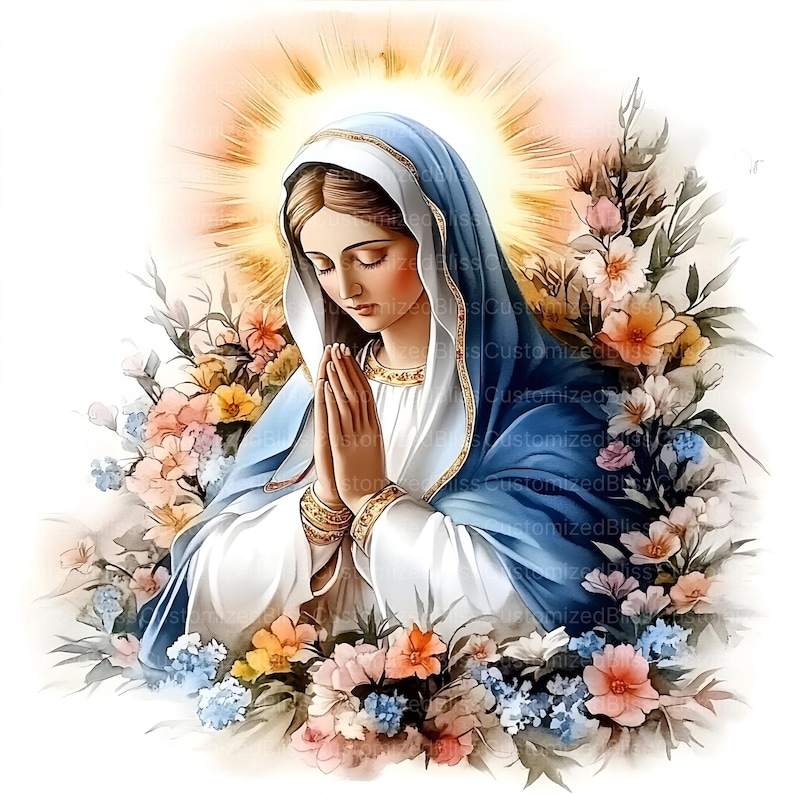 May include: A painting of the Virgin Mary in a blue robe with a halo of light. She is surrounded by flowers and has her hands clasped in prayer.