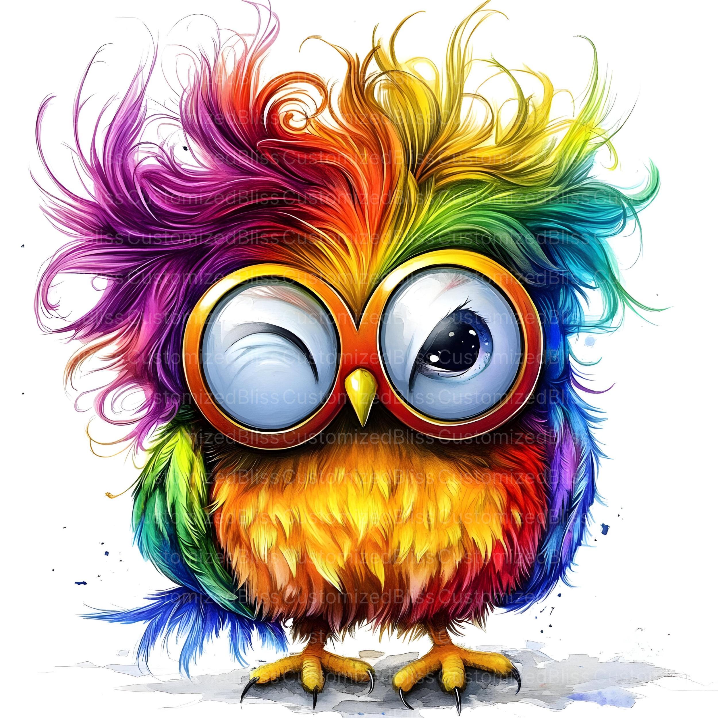 14 虹色のフクロウのクリップアート、クレイジーな髪とメガネの面白い