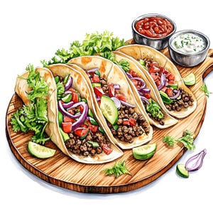 May include: Three soft tacos filled with ground beef, red onion, tomato, and cucumber on a wooden cutting board with lettuce, cilantro, and a side of salsa and sour cream.