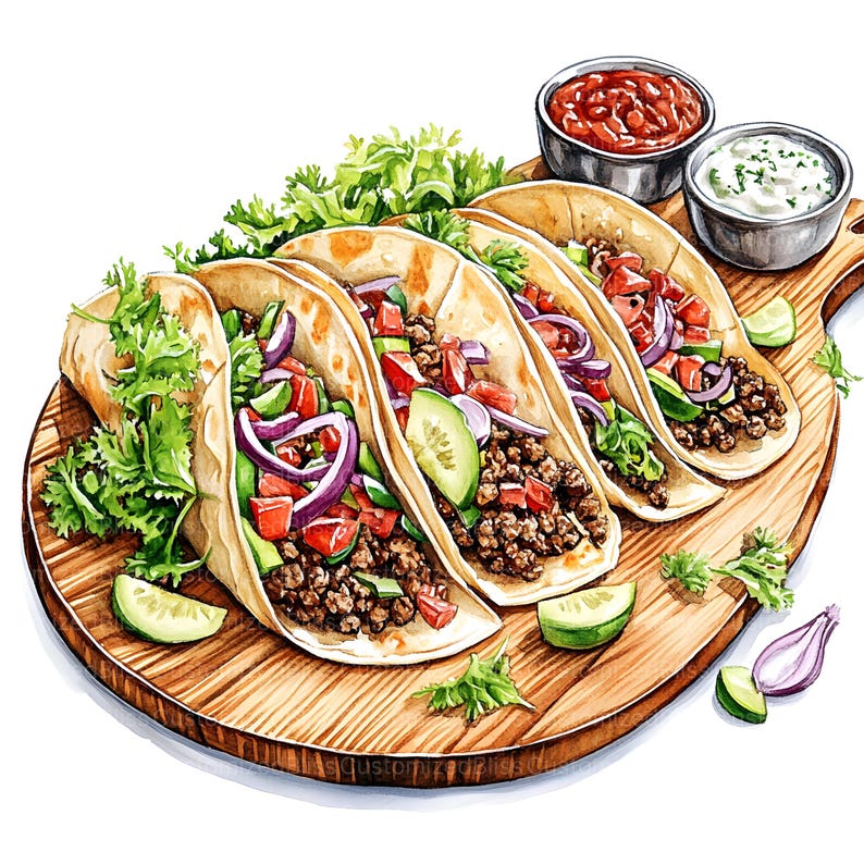 May include: Three soft tacos filled with ground beef, red onion, tomato, and cucumber on a wooden cutting board with lettuce, cilantro, and a side of salsa and sour cream.