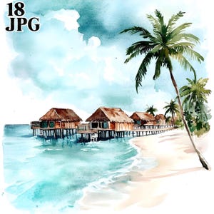 18 Maldives Beach Clipart, Tropical Beach, Maldives Clipart, High Quality JPG, Watercolor Clipart, Junk Journal Digital Download Paper Craft
