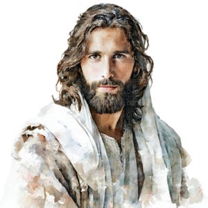 Op de afbeelding: Waterverfportret van een man met lang bruin haar en een baard, gekleed in een witte jurk. Het kunstwerk heeft een zachte, schilderachtige stijl met de nadruk op het gezicht en de uitdrukking van het onderwerp. De achtergrond is effen wit.