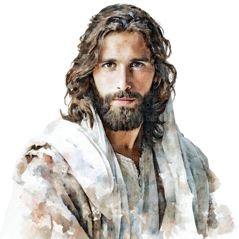 Op de afbeelding: Waterverfportret van een man met lang bruin haar en een baard, gekleed in een witte jurk. Het kunstwerk heeft een zachte, schilderachtige stijl met de nadruk op het gezicht en de uitdrukking van het onderwerp. De achtergrond is effen wit.