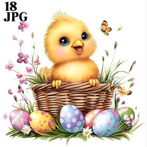 18 joyeux poussin dans le panier de Pâques des cliparts, clipart poussin de printemps, des cliparts de Pâques, JPG de haute qualité, Junk Journal, téléchargement numérique, créations en papier