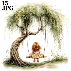 Pilträd med gunga Clip Art, 15 högupplösta akvarell JPG-bilder för skräpjournaling, scrapbooking, korttillverkning, digital nedladdning, träd Clipart