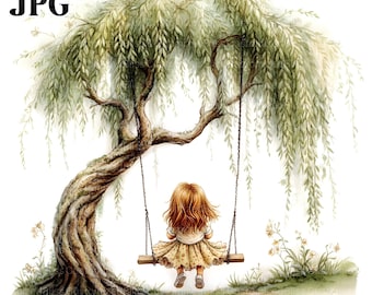 Willow Tree with Swing Clip Art, 15 High Res Watercolor JPGs for Junk Journaling, Scrapbooking, Card Making, Digital Download, Tree Clipart