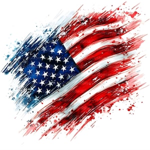 Op de afbeelding: Een aquarel schilderij van de Amerikaanse vlag met een verweerd penseelstreek effect. De vlag is rood, wit en blauw met een witte achtergrond. De sterren zijn blauw en de strepen zijn rood en wit.