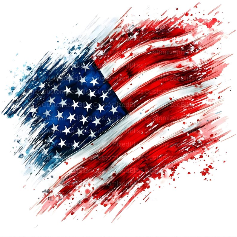 Op de afbeelding: Een aquarel schilderij van de Amerikaanse vlag met een verweerd penseelstreek effect. De vlag is rood, wit en blauw met een witte achtergrond. De sterren zijn blauw en de strepen zijn rood en wit.