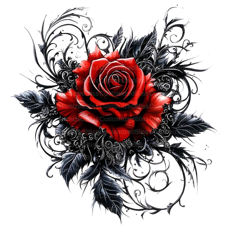 May include: A single red rose with a dark, intricate floral design surrounding it. The rose is in full bloom and has a deep red color.