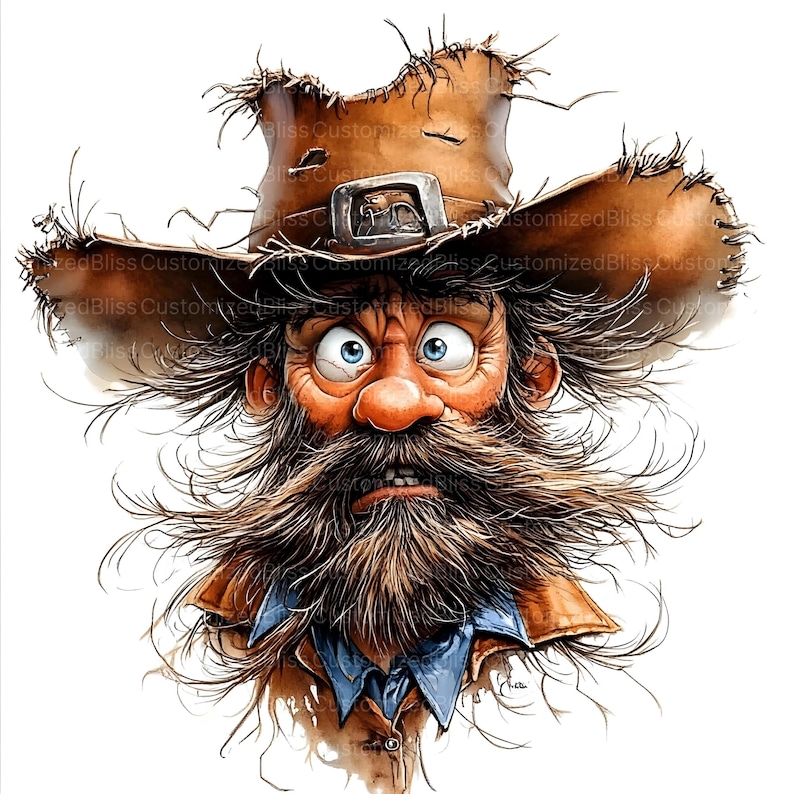 May include: A cartoon illustration of a man with a long, scraggly beard and wild hair wearing a tattered brown cowboy hat. He has a surprised expression on his face with wide, open eyes.