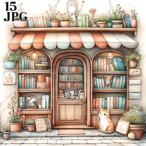 Clip Art de livraria caprichosa, 15 JPGs de aquarela de alta resolução Junk Journaling, Scrapbooking, Criação de cartões, Kit digital, Fantasia de livraria peculiar