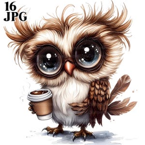 16 niedliche Eule Clipart, Eule Kaffee Clipart, Kinderzimmer Clipart, hochwertige JPGs, Aquarell Clipart, Junk Journal, digitaler Download, Papierwesen