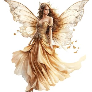 May include: A golden fairy with large, delicate wings and a flowing gown. She has a crown of flowers on her head and is surrounded by small, golden butterflies.