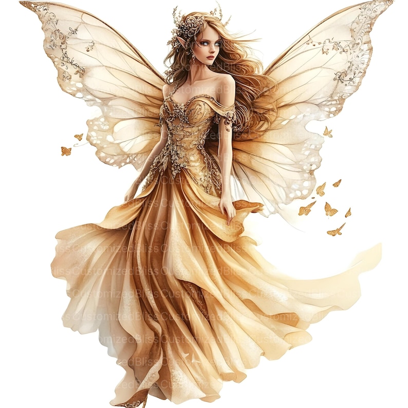 May include: A golden fairy with large, delicate wings and a flowing gown. She has a crown of flowers on her head and is surrounded by small, golden butterflies.