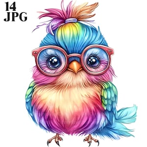 14 Colorful Bird Clipart, Cute Bird, Rainbow Clipart, Cartoon Bird, Rainbow Feathers, Whimsical Bird, High Quality JPGs, Digital Download
