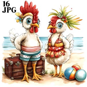16 Kogut i kura Plaża Clipart, Wakacje Kurczak Clipart, Wakacje Clipart, Lato Clipart, Wysokiej Jakości JPG, Pobieranie Cyfrowe, Do Wydruku
