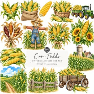 May include: A collection of watercolour illustrations featuring corn stalks, ears of corn, a scarecrow, a green tractor with a trailer, a wooden wagon, and farm landscapes. The text reads Corn Fields Watercolour Clip Art Set 64 PNG 300 dpi.
