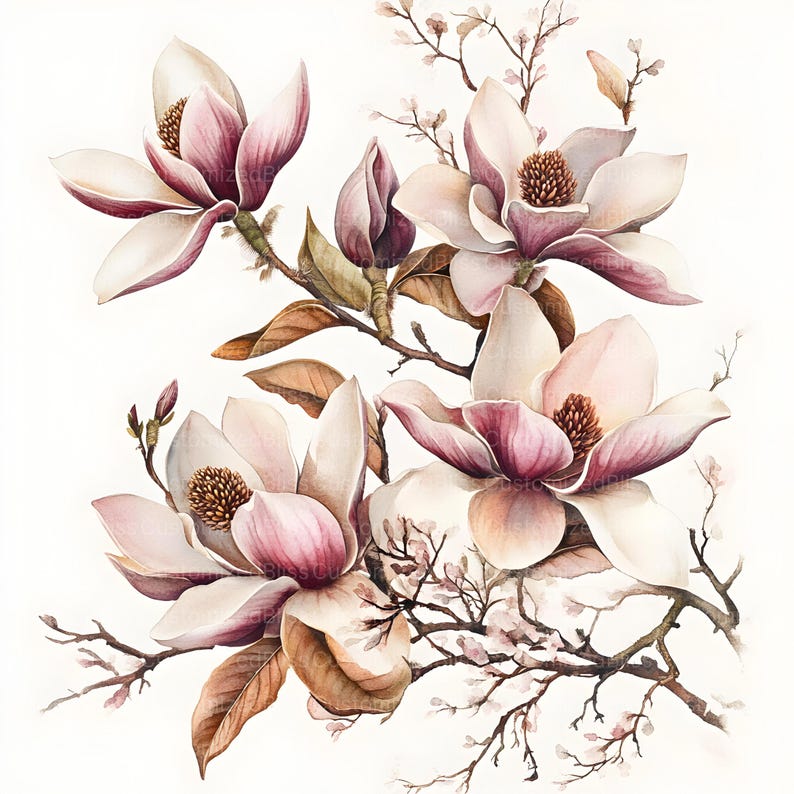 May include: Watercolor painting of a magnolia flower branch with delicate pink and white blossoms. The flowers are in full bloom and have a soft, romantic feel. The branches are brown and have a natural, rustic look.