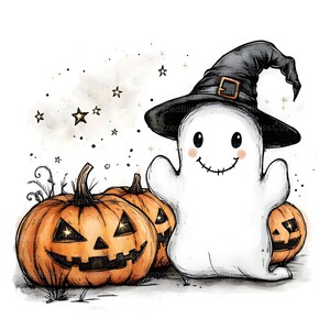 May include: A whimsical Halloween illustration featuring a friendly ghost wearing a black witch hat with a gold buckle, smiling with rosy cheeks. Three carved orange pumpkins with glowing eyes and mouths are in front of the ghost, with stars scattered in the background.