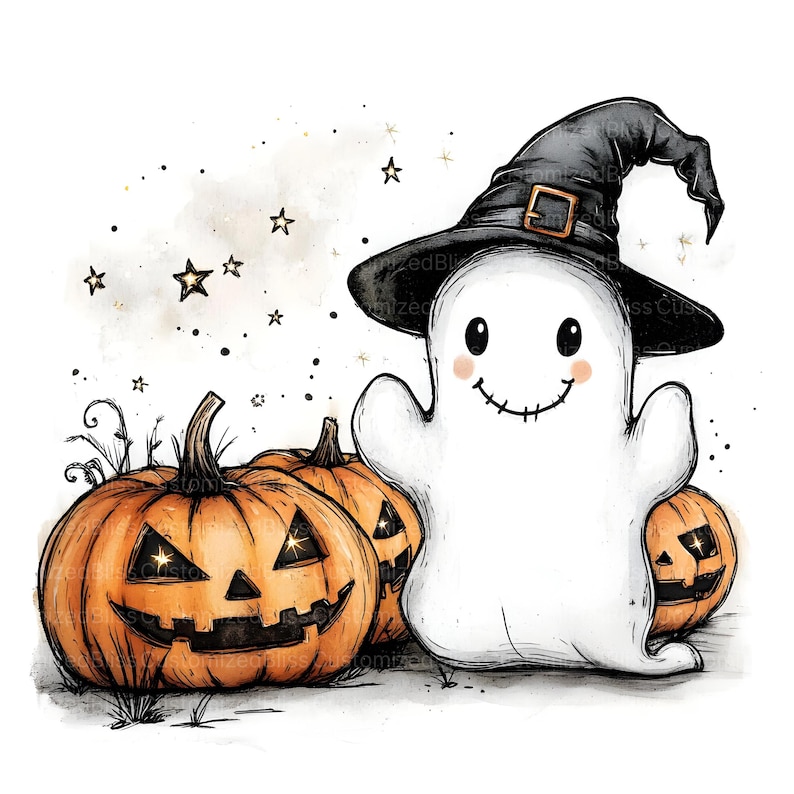 May include: A whimsical Halloween illustration featuring a friendly ghost wearing a black witch hat with a gold buckle, smiling with rosy cheeks. Three carved orange pumpkins with glowing eyes and mouths are in front of the ghost, with stars scattered in the background.