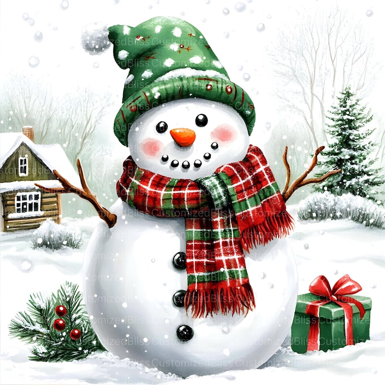 May include: A snowman wearing a green hat and a red and green plaid scarf stands in a snowy winter scene. The snowman has a carrot nose and black eyes. A small green gift box with a red ribbon is in front of the snowman.