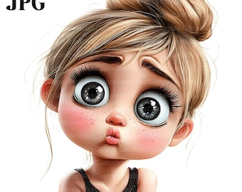 18 Sassy Girl Clipart, Funny Face Illustration, Cute Cartoon Girl, Watercolor Clipart, Junk Journal, Digital Download, Paper Craft, JPGs