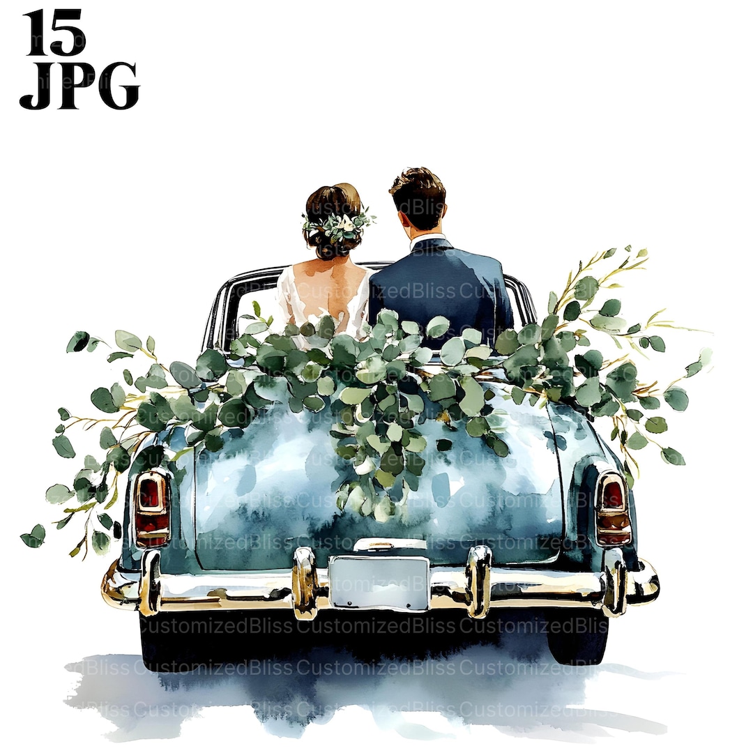Bride and Groom Clipart, Just Married Wedding Car Clipart Bundle, 15 ...